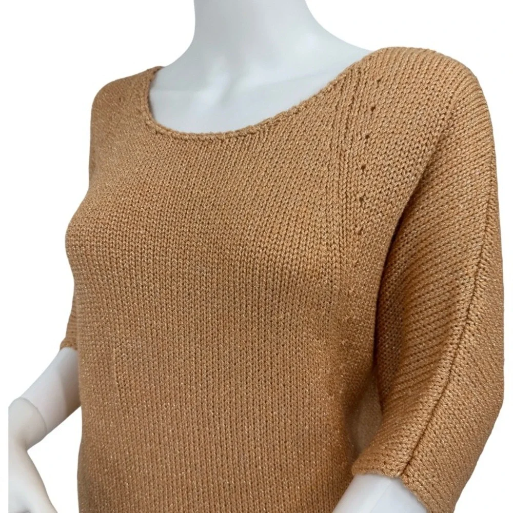 CHICOS Size Large Short Sleeve Sweater Peach Metallic Knit Pointelle Easter Wear